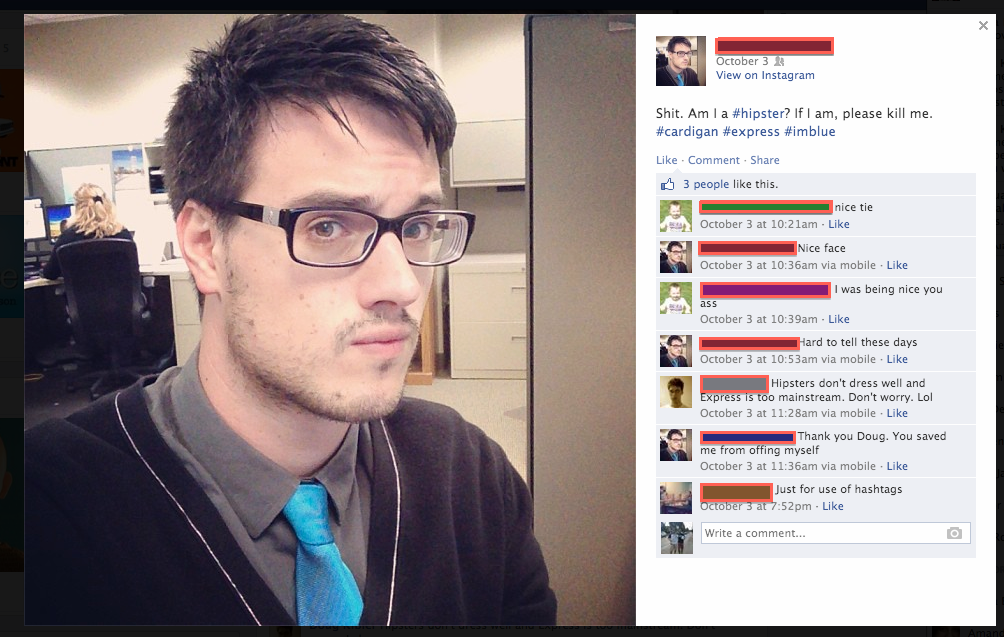 Dude wears a blue tie and asks facebook if he is a hipster
