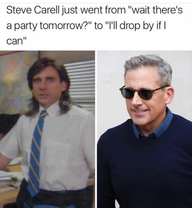 Funny meme of Steve Carell who just went from 'wait there's a party tomorrow?' to 'i'll drop by if i can'