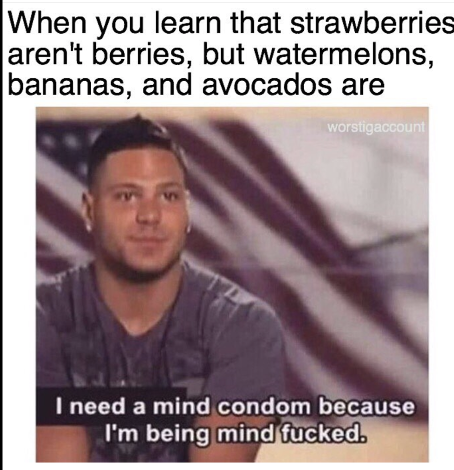 Mind blowing meme about how strawberries aren't berries but watermelons, bananas and avocados are. HUH?