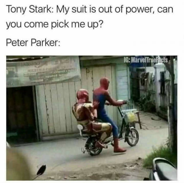 Ironman and Spiderman riding a real sad moped