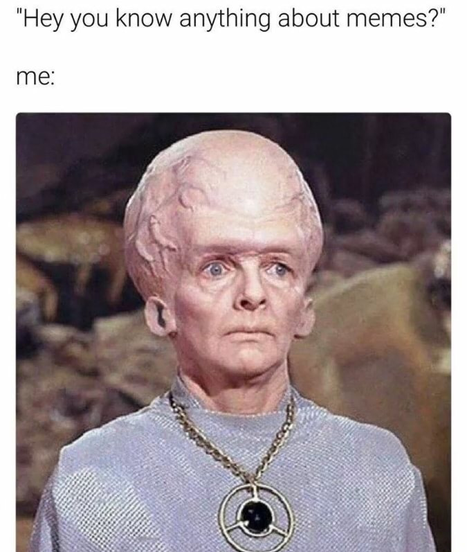 Star Trek alien with massive brain as reaction when someone ask me if I know anything about memes.