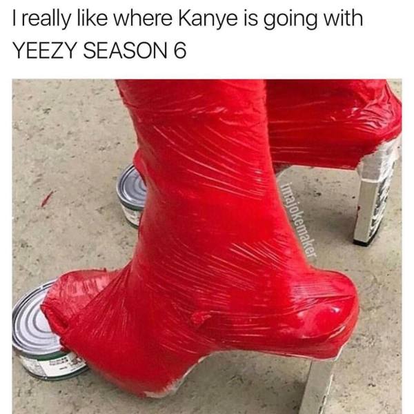 Crazy outfit of shoes made from remotes and tuna cans and wrapped in red tape and someone commented that it is Kanye getting ready for Yeezy Season 6