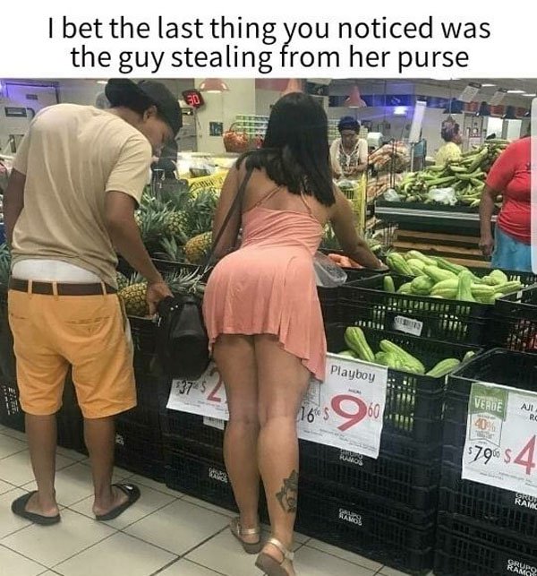 hot girl buying stuff an man stealing out her purse.
