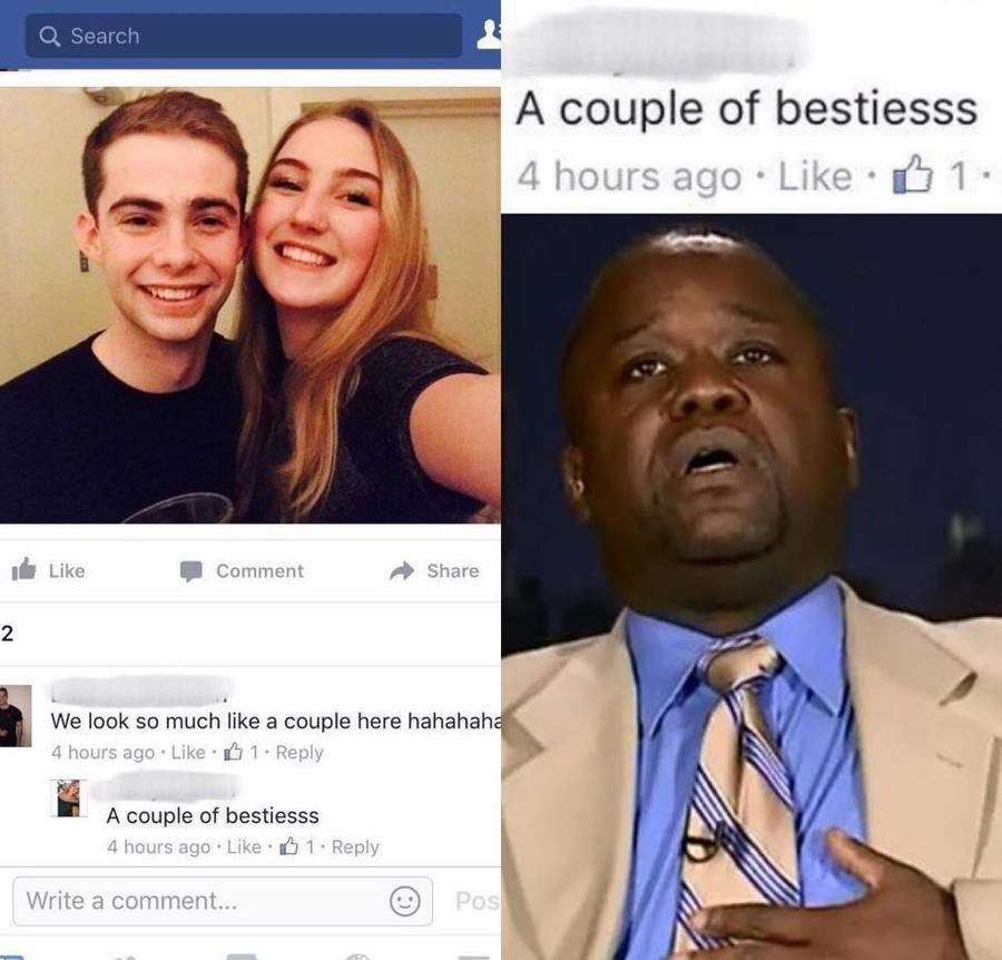 Man and woman posing like a cute couple and girl corrects someone that they are just besties, black man reaction to that pain.