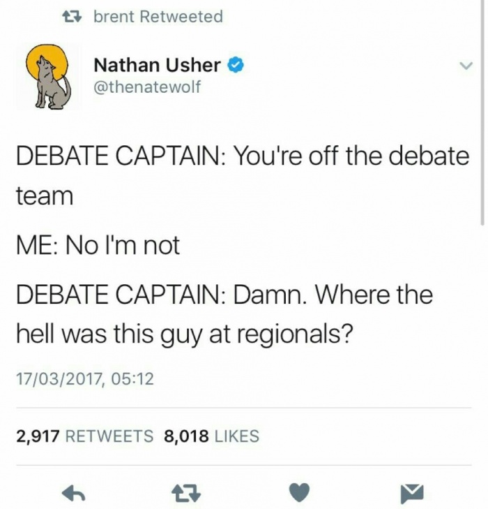 Nathan Usher posts tweet about debate team