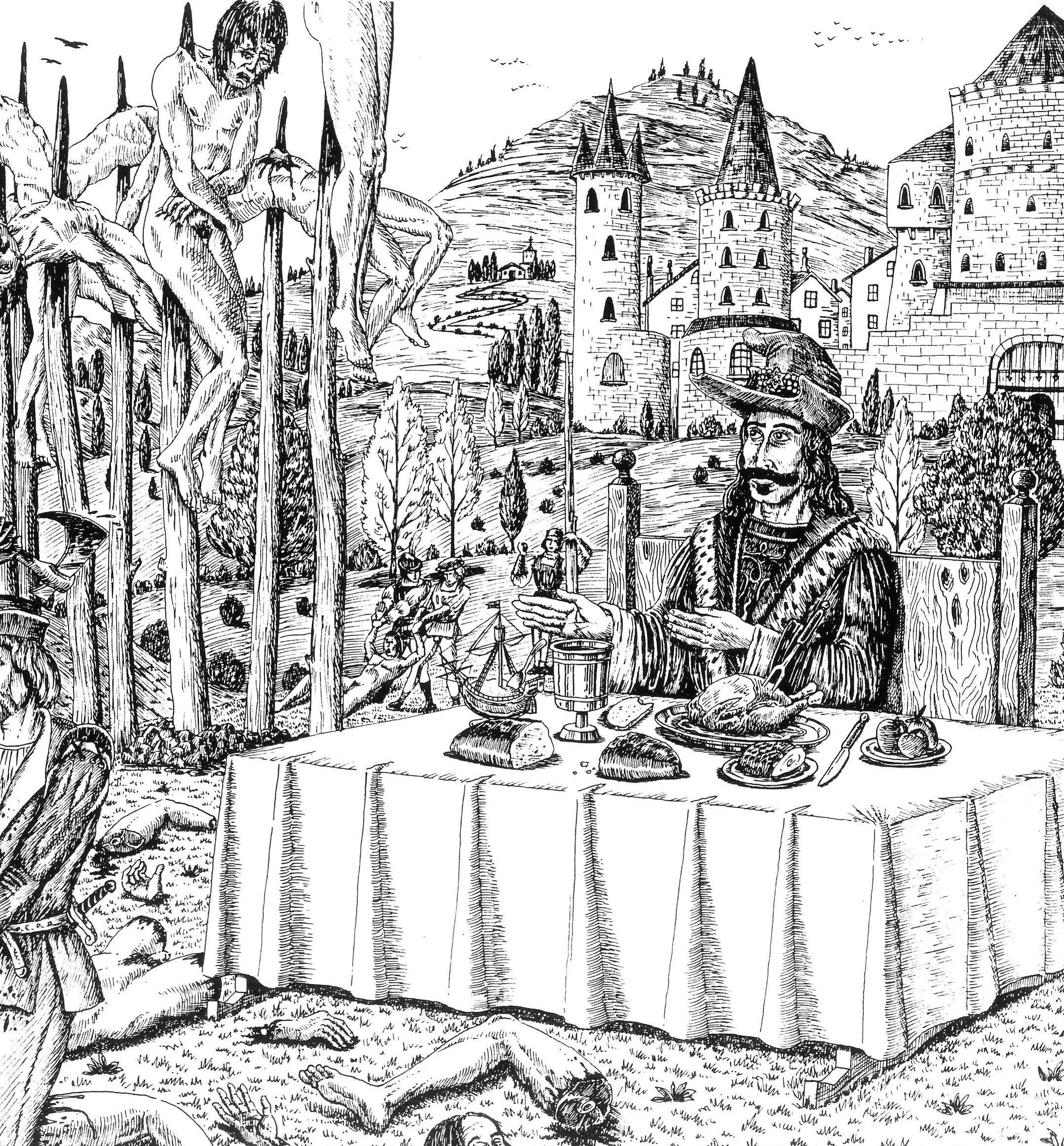 A drawing of Vlad the Impaler eating dinner during an execution.