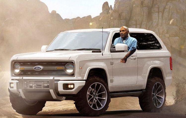 Meme of OJ Simpson photoshopped into the new Ford Bronco