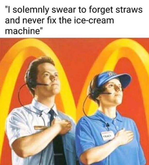 McDonald's pledge of allegiance propaganda from another era that jokes that swear to forget straws and never fix the ice-cream machine.
