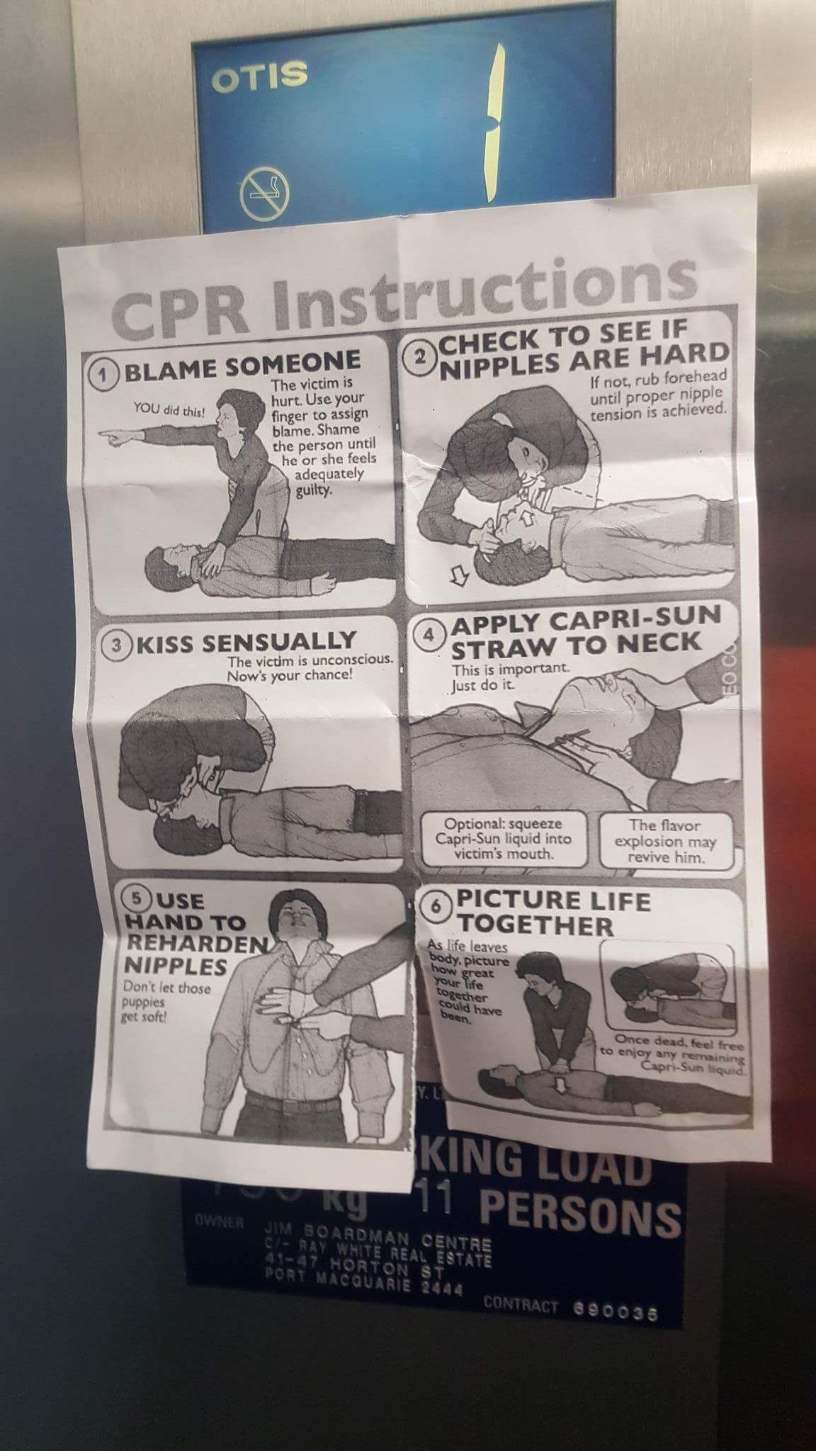 funny cpr instructions - Otis Cpr Instructions Check To See If Nipples Are Hard If not, rub forehead until proper nipple tension is achieved. 1 Blame Someone The victim is hurt. Use your finger to assign blame. Shame the person until he or she feels adequ