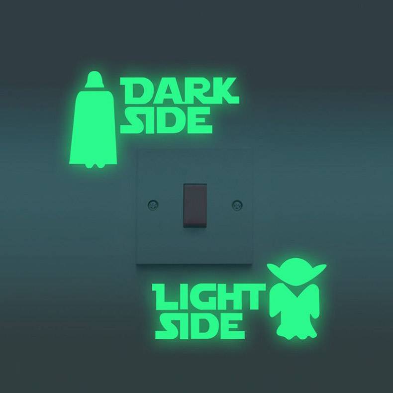Light switch with Light Side and Dark Side Star Wars decals to remind how to turn on the light.