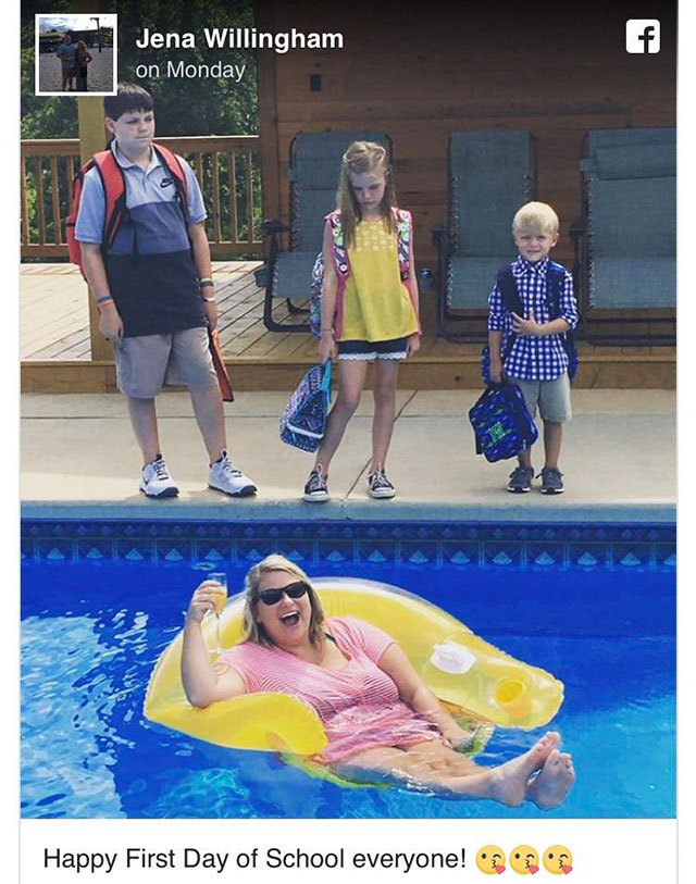 Mom relaxing in the pool as the kids go to their first day of school