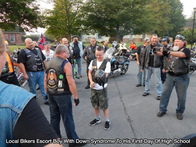 Kid with down syndrome being escorted by bikers to his first day of high school