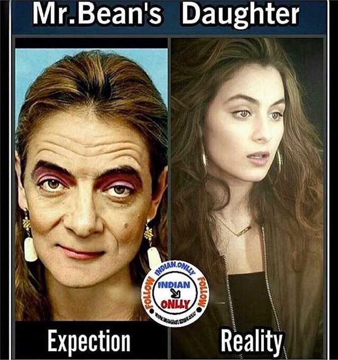 Funny meme about Mr. Bean's Daughter with how you expect her to look VS reality.