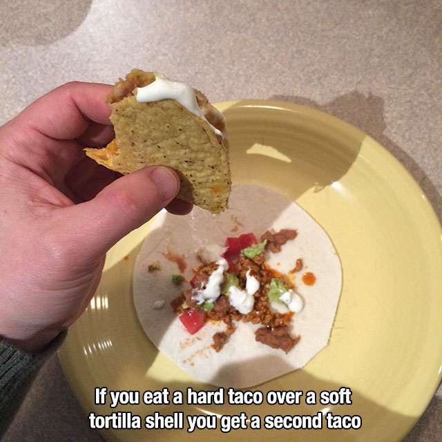 soft taco under hard taco - If you eat a hard taco over a soft tortilla shell you get a second taco