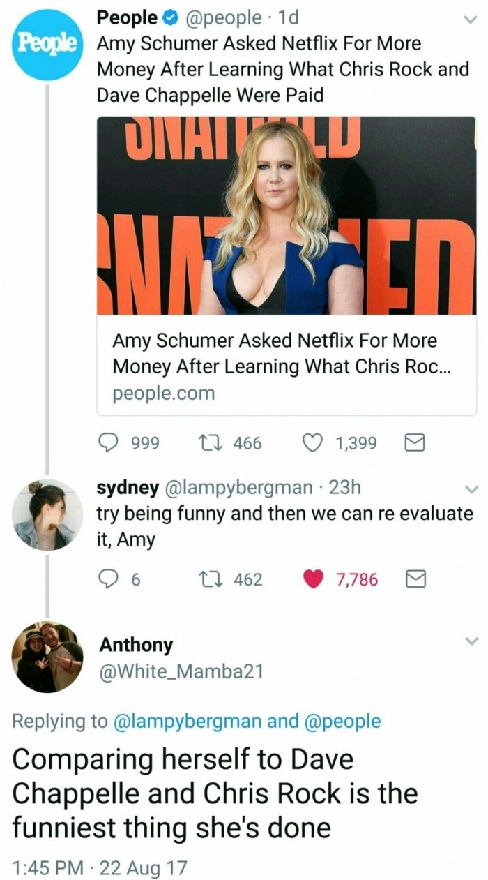 Funny meme about Amy Schumer complaining about her salary against Chris Rock and Dave Chappelle