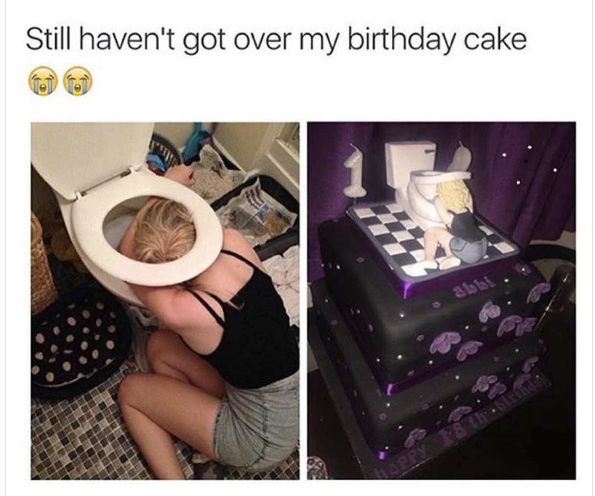 Funny pic of girl puking in the toilet and someone recreated the scene on a cake.
