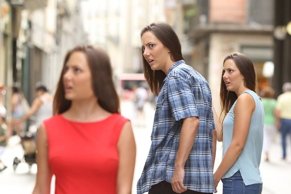 Distracted boyfriend that is all the girlfriend on all the faces.