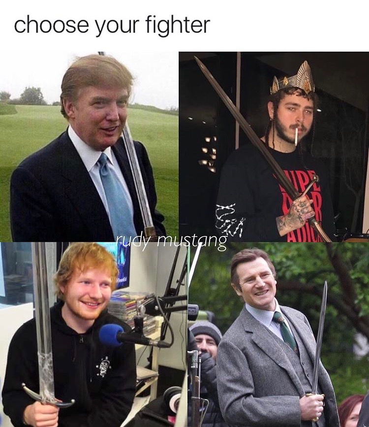 Choose your fighter, Trump, Liam Neeson and Ed Sheeran and one other random person.