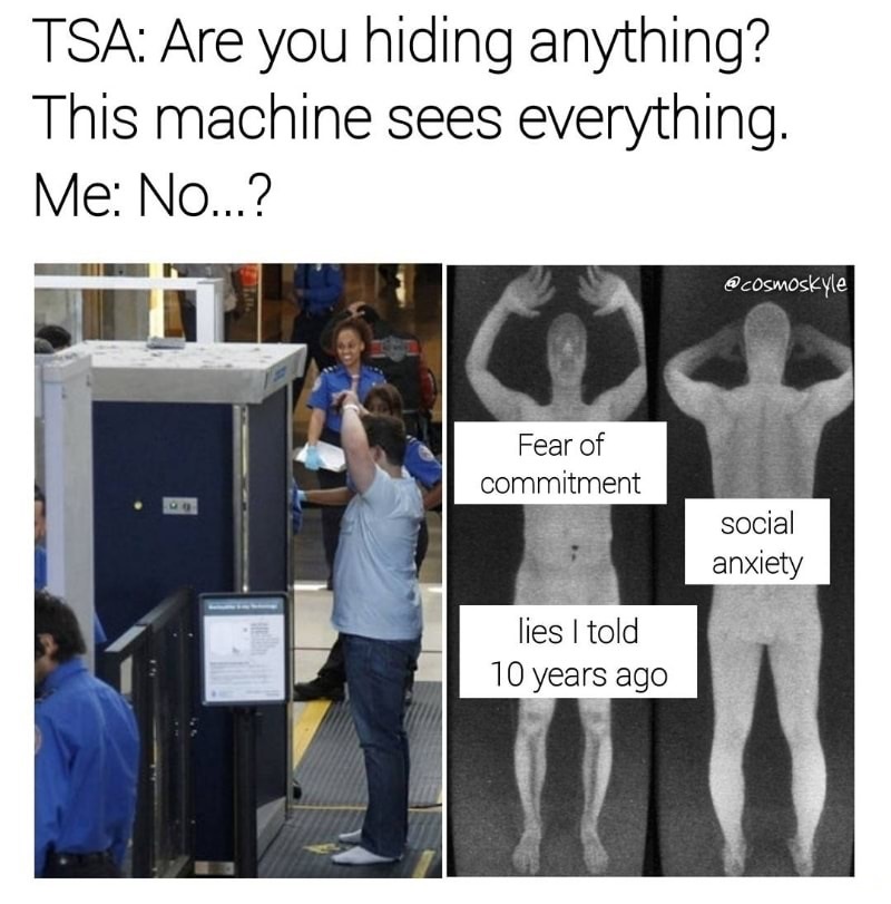 TSA meme about the machine seeing your fear of commitment, lies you told 10 years ago and social anxiety, the machine sees EVERYTHING