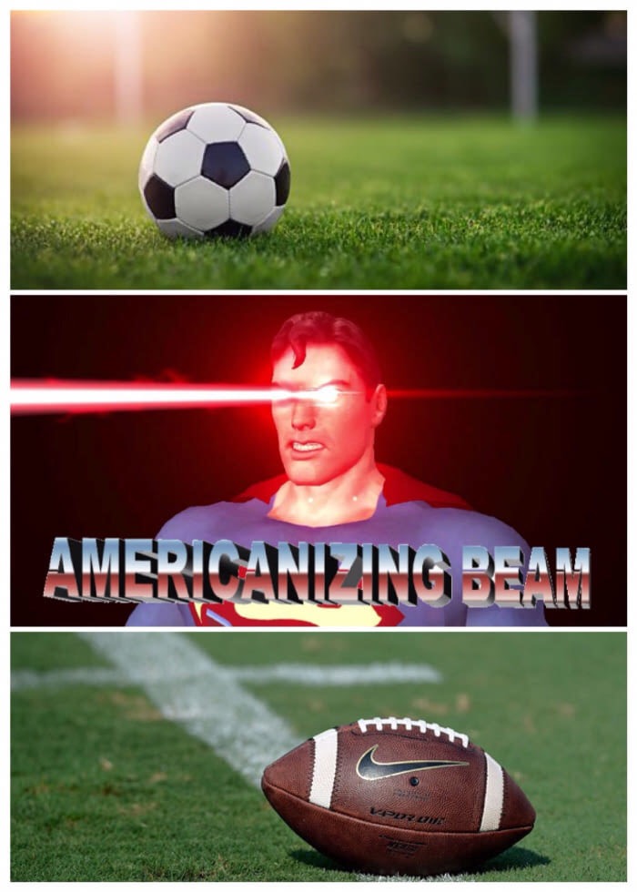 Soccer ball hit by Superman's Americanizing beam and turns into a regular football