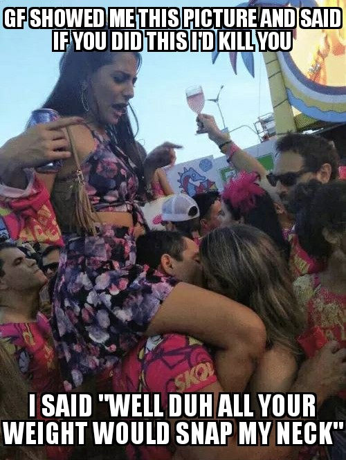 Woman on man's shoulders and he is making out with another girl.