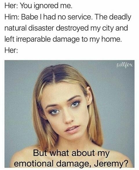 me him meme - Her You ignored me. Him Babe I had no service. The deadly natural disaster destroyed my city and left irreparable damage to my home. Her pillfox But what about my emotional damage, Jeremy?