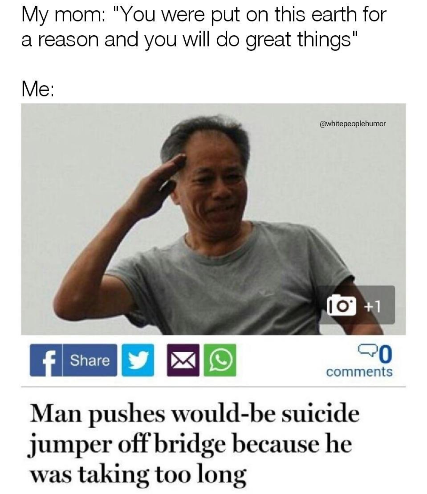 memes dankest memes 4chan - My mom "You were put on this earth for a reason and you will do great things" Me whitepem or 10 1 f O 0 Man pushes wouldbe suicide jumper off bridge because he was taking too long