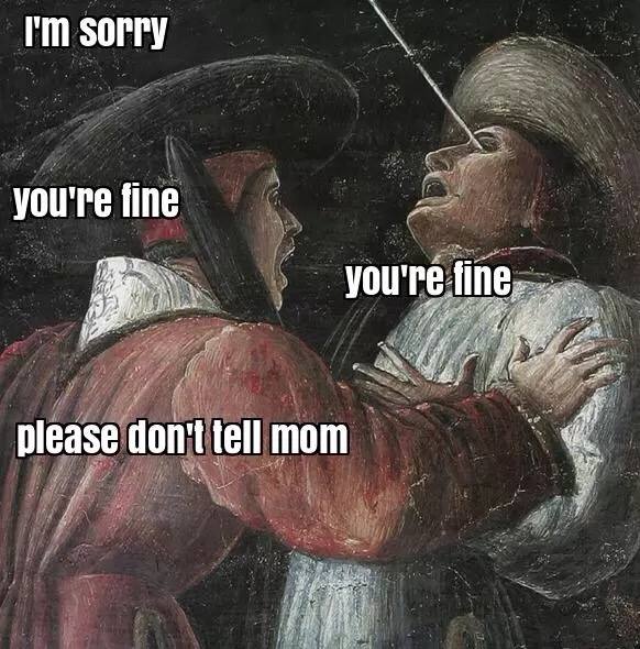 Classical art meme of an arrow in the eye and PLEASE DON'T TELL MOM