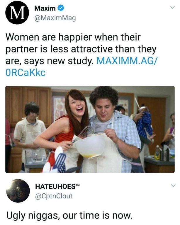 Tweet from Maxim about how women are happier when their partner is less attractive than they are, with pic from superbad.