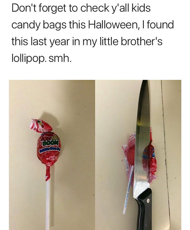 Funny meme about a knife found inside a lolipop