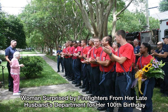 A woman is surprised by her late husband's fire department on her 100th birthday.