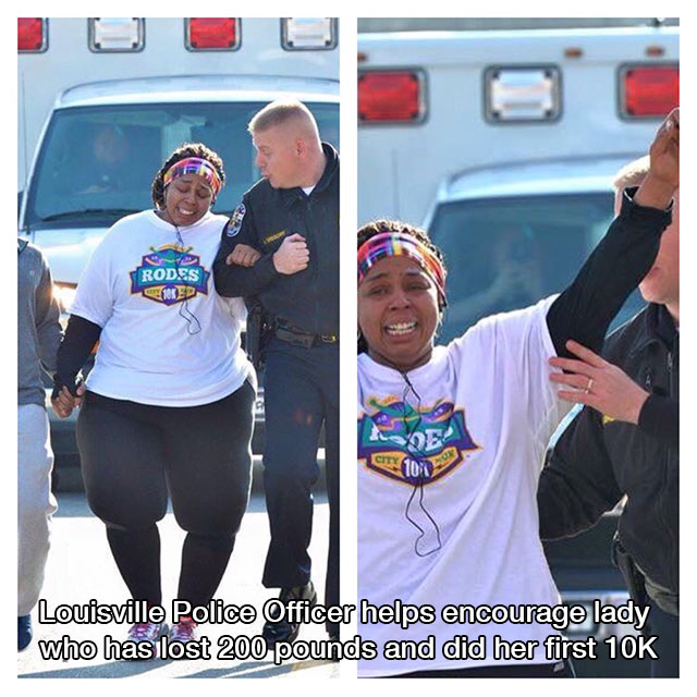 A police officer helps encourage a woman who has lost 200 pounds to finish her first 10K.