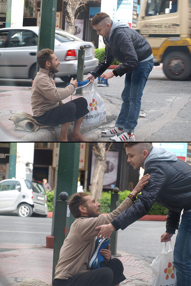 A homeless man with no shoes is given a brand new pair by a stranger.