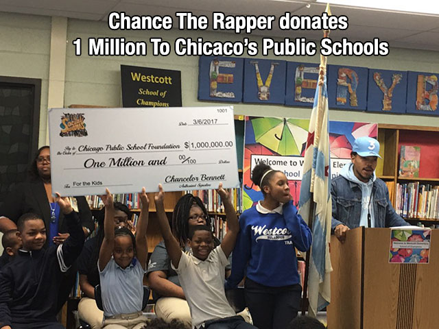 Musical artist Chance The Rapper donates one million dollars to Chicago's public schools.