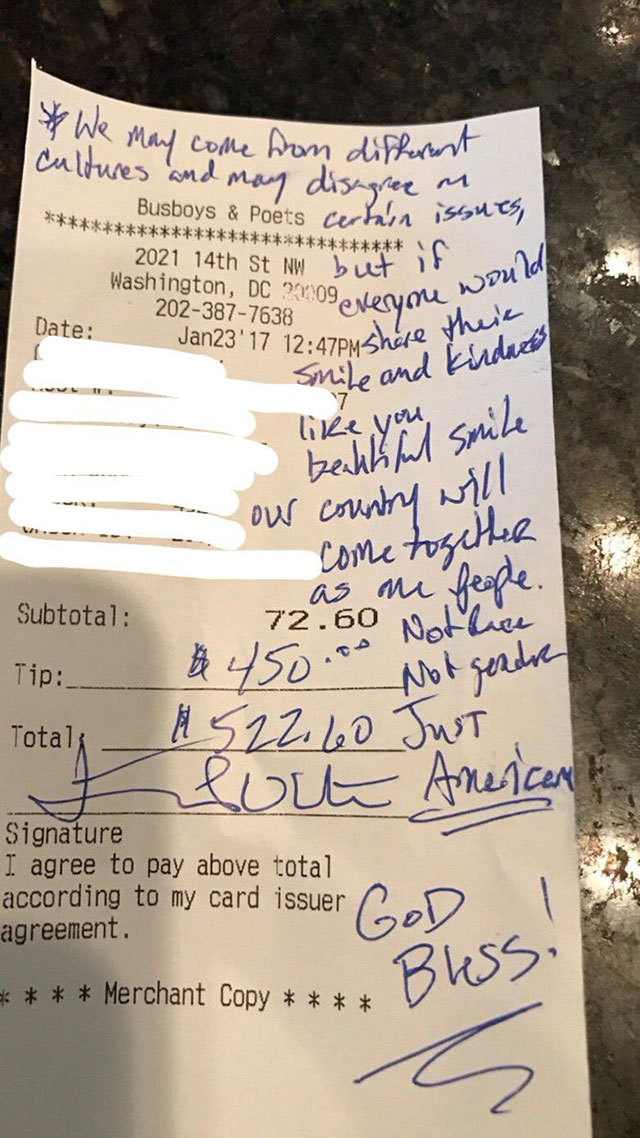 An extremely generous tip from a very kind person.