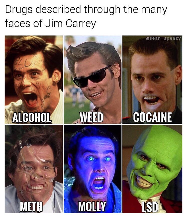 drugs jim carrey - Drugs described through the many faces of Jim Carrey Alcohol Weed Cocaine 25 Meth Molly
