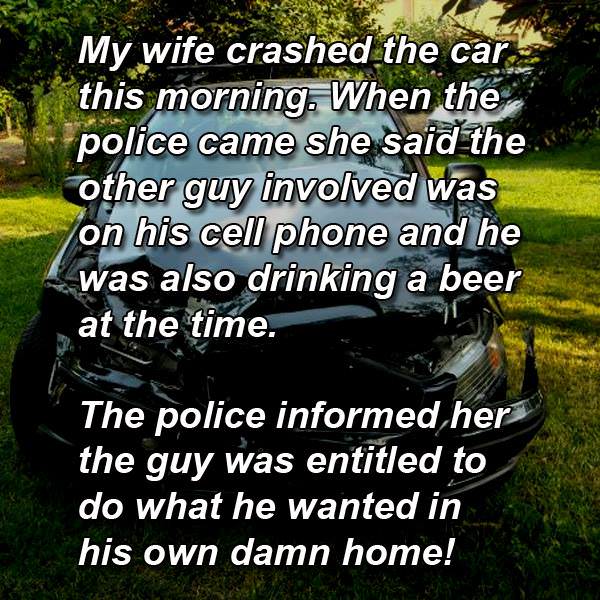 grass - My wife crashed the car this morning. When the police came she said the other guy involved was on his cell phone and he was also drinking a beer at the time. The police informed her the guy was entitled to do what he wanted in his own damn home!