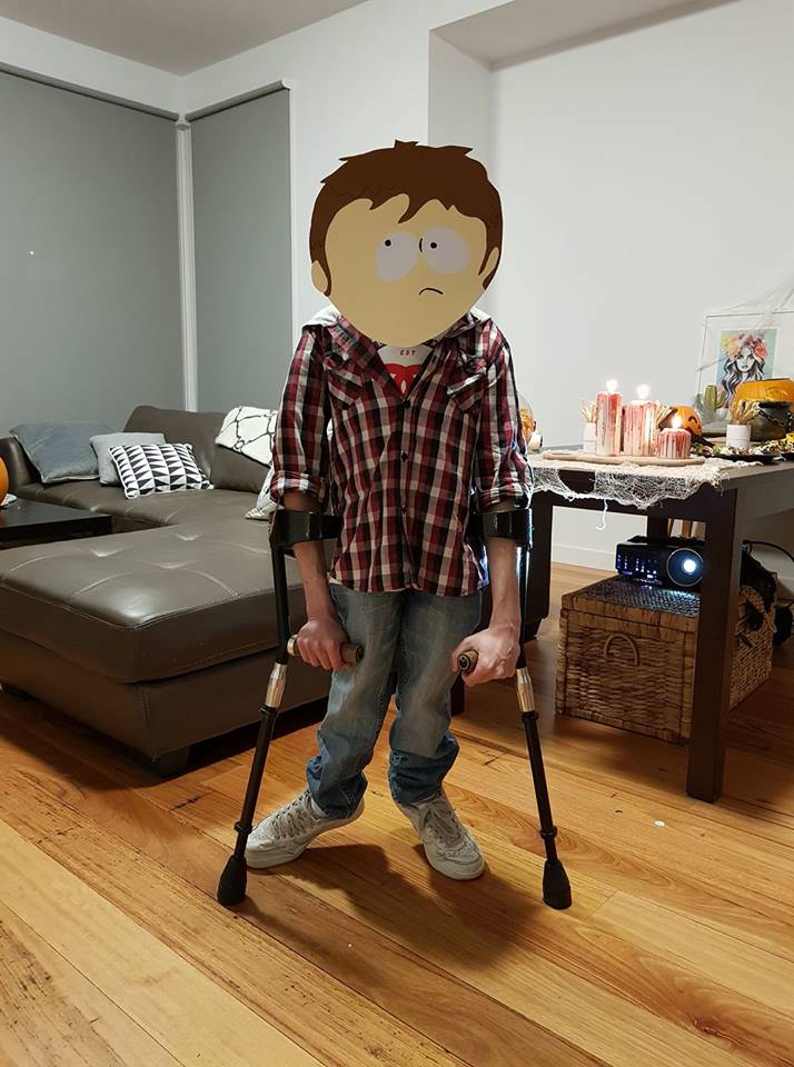 kid with crutches with southpark face on his