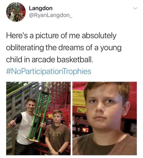 Tweet of someone who obliterated the dreams of a young child in arcade basketball