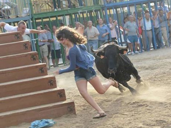 girl getting chased by a bull