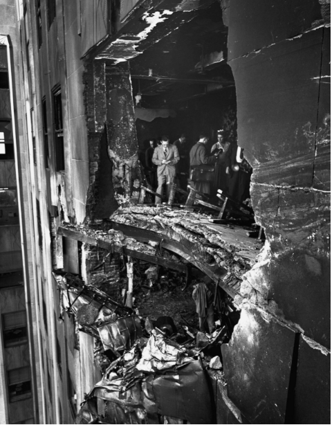 The aftermath from a B-25 bomber crashing into the Empire State Building 1945.