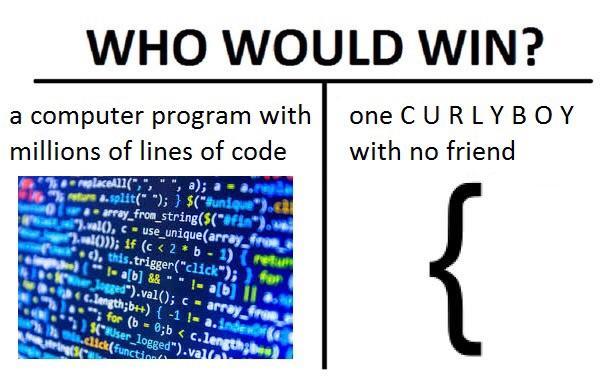 would win lines of code - Who Would Win? a computer program with millions of lines of code one Curly Boy with no friend S W POIKAll",", " ", a; a and tora.split""; } $".68 wa rray_fron_string$fin. .val, c use_uniquearray from .0; 1f c
