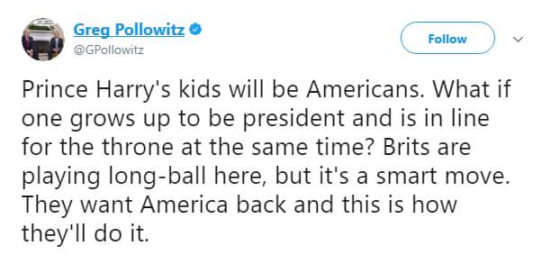 diagram - Greg Pollowitz Prince Harry's kids will be Americans. What if one grows up to be president and is in line for the throne at the same time? Brits are playing longball here, but it's a smart move. They want America back and this is how they'll do 