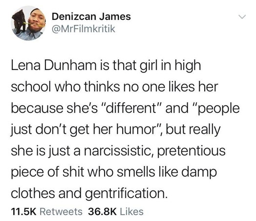 devolution of rap - Denizcan James Lena Dunham is that girl in high school who thinks no one her because she's "different" and "people just don't get her humor", but really she is just a narcissistic, pretentious piece of shit who smells damp clothes and 