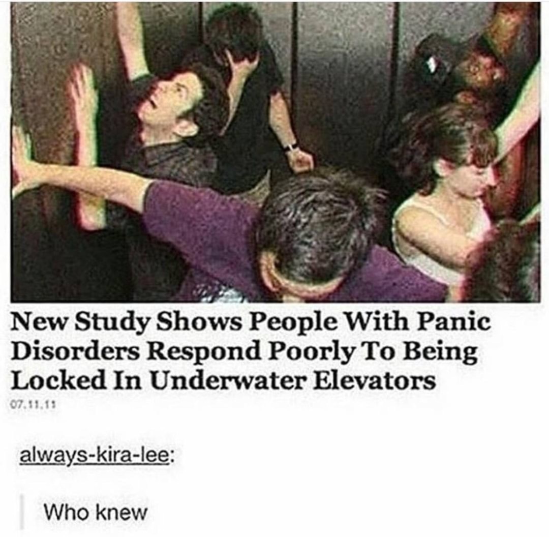 dank meme new study shows people with panic disorders respond poorly to being locked in underwater elevators - New Study Shows People With Panic Disorders Respond Poorly To Being Locked In Underwater Elevators 07.11.13 alwayskiralee Who knew