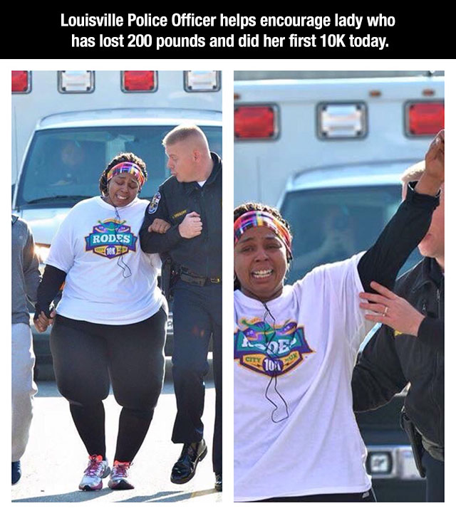 car - Louisville Police Officer helps encourage lady who has lost 200 pounds and did her first 10K today. Rodes 18ED