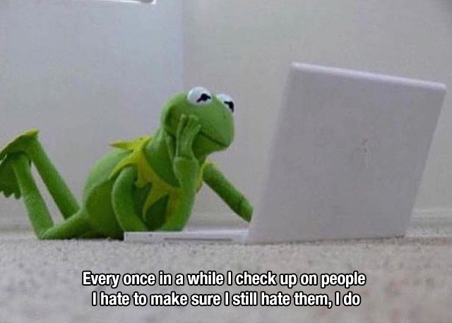 relatable meme kermit the frog meme blank - Every once in a while I check up on people I hate to make sure I still hate them, I do