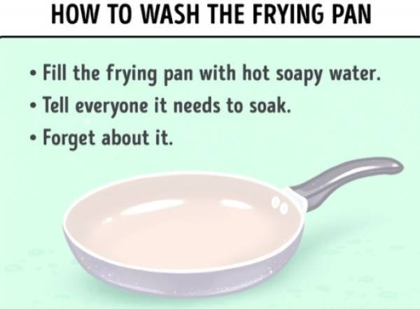 relatable meme sign - How To Wash The Frying Pan Fill the frying pan with hot soapy water. Tell everyone it needs to soak. Forget about it.
