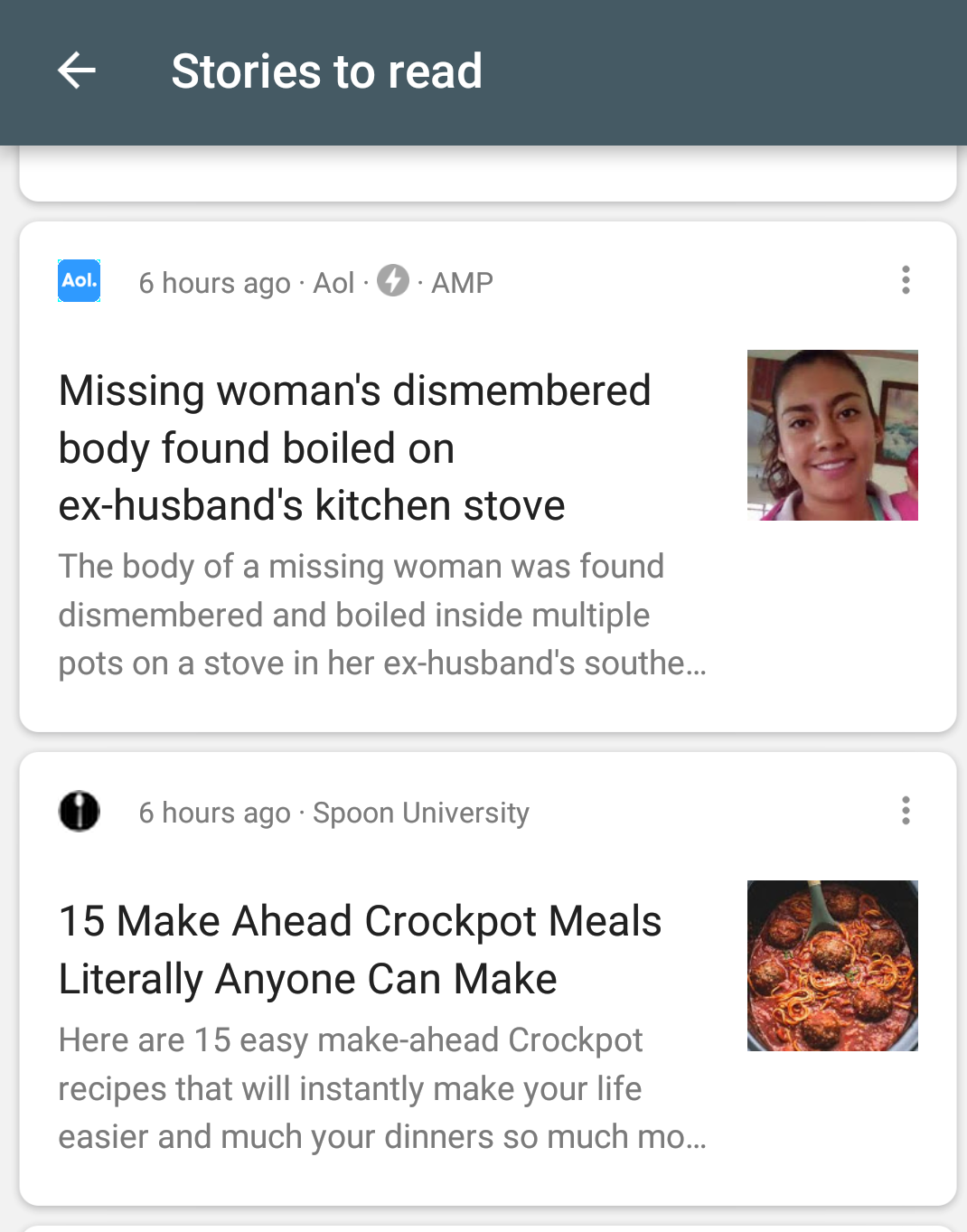 web page - f Stories to read Aol. 6 hours ago Aol 5 Amp Missing woman's dismembered body found boiled on exhusband's kitchen stove The body of a missing woman was found dismembered and boiled inside multiple pots on a stove in her exhusband's southe... 0 