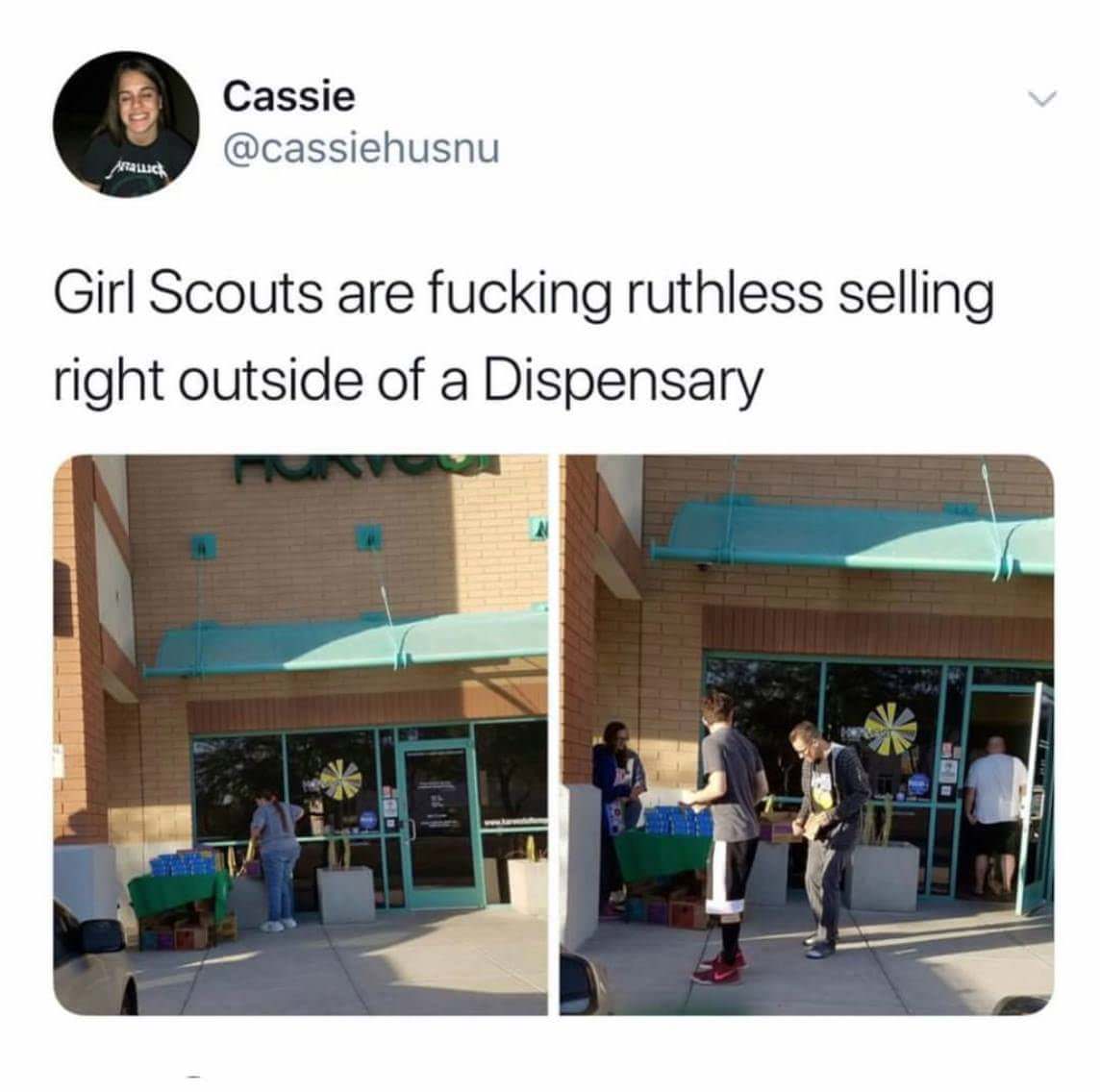 girl scout weed meme - Cassie Arauch Girl Scouts are fucking ruthless selling right outside of a Dispensary